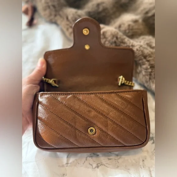 🎀Brand New Gucci Brown Diagonal Matelassé Leather Super Mini Marmont 🎀 - Picture 8 of 12